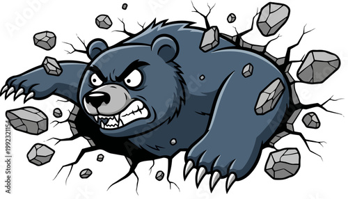 Angry grizzly bear mascot breaking through wall, aggressive black bear character vector, fierce animal sports logo with flying rocks and debris