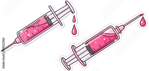 Medical syringe vector illustration with pink liquid, cartoon vaccine injection stickers, healthcare needle icons for clinical infographics
