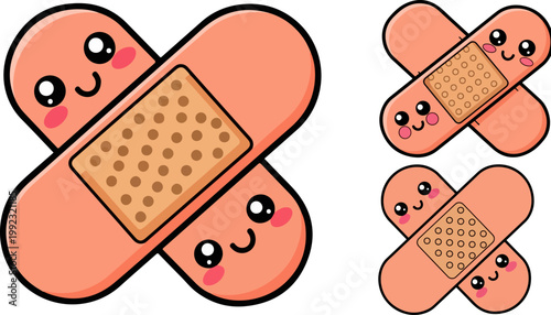 Kawaii adhesive bandage vector illustration, cute smiling medical plaster characters, cartoon first aid strips with happy faces for pediatric care