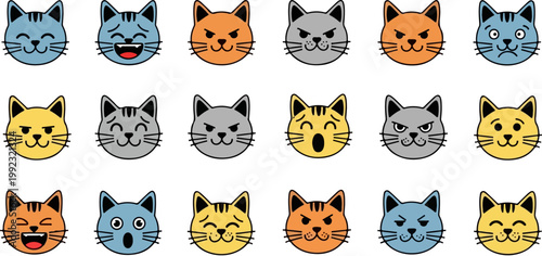 Cartoon cat emoji set with 18 colorful feline faces, cute kitten avatar collection, expressive cat head icons for social media and web design
