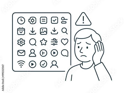 Feature fatigue and overwhelming number of options in complex digital products affecting usability, a simple interface panel filled with small scattered icons and a
