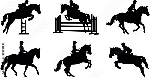 Black silhouette horse jumping and riding vector art collection
