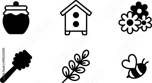 Black honey jar bee house flowers honey dipper branch and bee icons