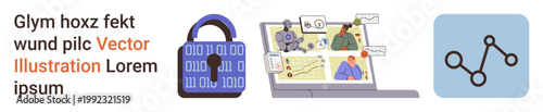 Cybersecurity, digital privacy, data connection, remote communication, online safety, information security. Visual elements include a padlock, laptop video call and network icon. Cybersecurity