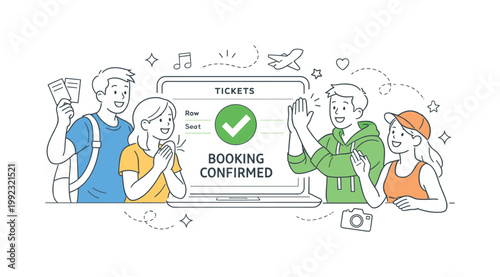 Ticket purchase event preparation scenario showing people securing entry to a concert, cinema, or transport service together, with a booking screen and a single checkmark