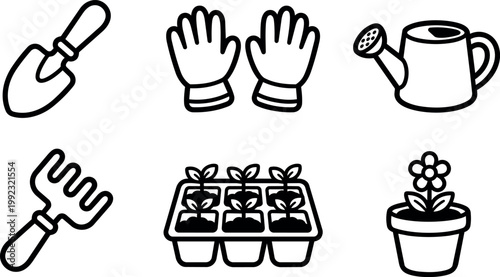 Black and white line art gardening tools gloves seedlings and flower pot