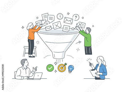 A simple priority filtering scenario where professionals remove less important tasks to focus only on key objectives in their workflow, using a visual metaphor of a clean