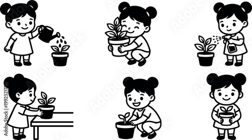 Black and white vector art girl caring for plants in various planting actions