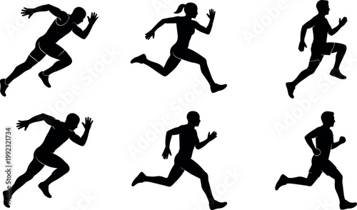 Black silhouettes of male and female runners sprinting and jogging in motion