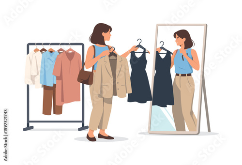 A person selecting an outfit in a home or retail setting, evaluating clothing options to match style and occasion, representing personal expression, decision-making, and