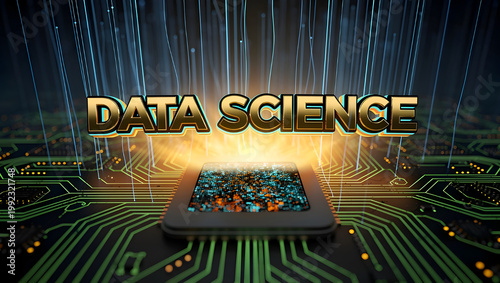 Data science concept with glowing chip and data streams, big data analytics, machine learning processing, artificial intelligence and futuristic technology background