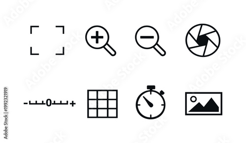 Camera interface: focus frame, zoom in icon, zoom out icon, aperture blades, exposure meter, grid overlay, timer icon, image preview.