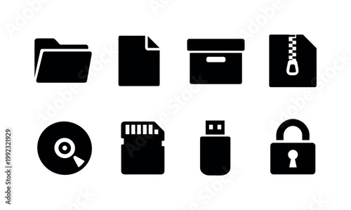 File storage: folder, file document, archive box, compressed file, backup disk, memory card, USB flash drive, secure lock.