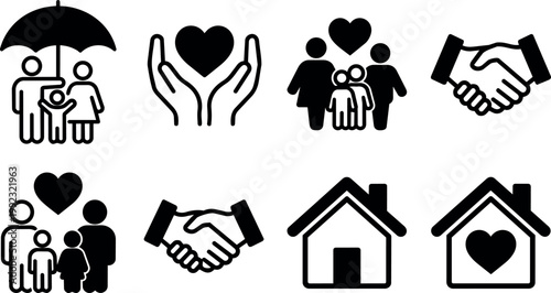 Black and white icons of family care handshake and home with heart