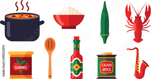 Cajun and Creole Cuisine Vector Icon Set Featuring Gumbo Pot, Crawfish, Okra, Hot Sauce, Rice Bowl, Cajun Spice, and Saxophone for Louisiana Cultural Branding