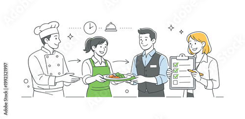 Restaurant service teamwork concept illustrating kitchen and front of house staff coordinating tasks to deliver meals efficiently in a busy setting, using a plate and a