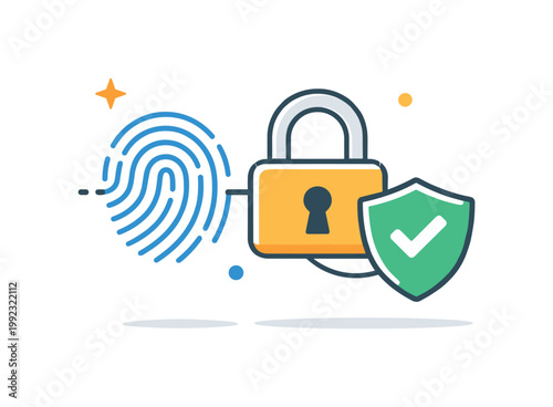 Digital identity security and user authentication process preventing data breaches and unauthorized use of personal credentials, a fingerprint icon connected with a lock