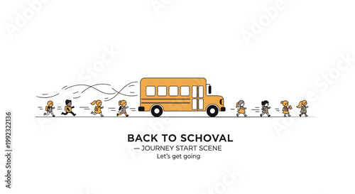 Back to school, kids walking, school bus, educational journey, cartoon characters