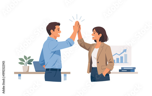Two colleagues celebrating a small success in a workplace environment by giving a high five, representing achievement and positive reinforcement in daily work life,