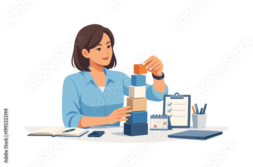 A professional organizing daily responsibilities at a desk using a structured system to prioritize tasks and meet deadlines efficiently, representing productivity and