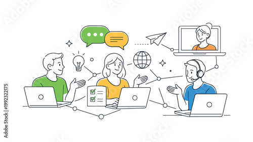 Online collaboration and distributed teamwork in a business context where colleagues communicate and complete projects across different locations, visualized through two