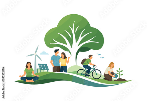 Eco-friendly lifestyle and environmental awareness concept illustrating harmony between people and natural surroundings in a clean and sustainable context, visualized