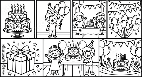 Black and white line art birthday party cake balloons kids celebration scene