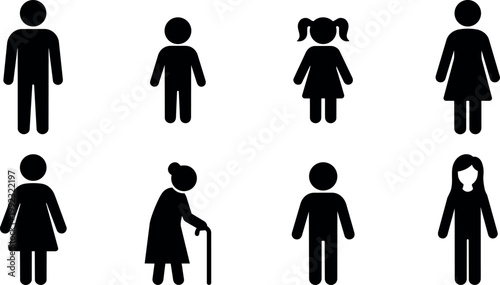 Black silhouette icons of men women children and elderly figures set