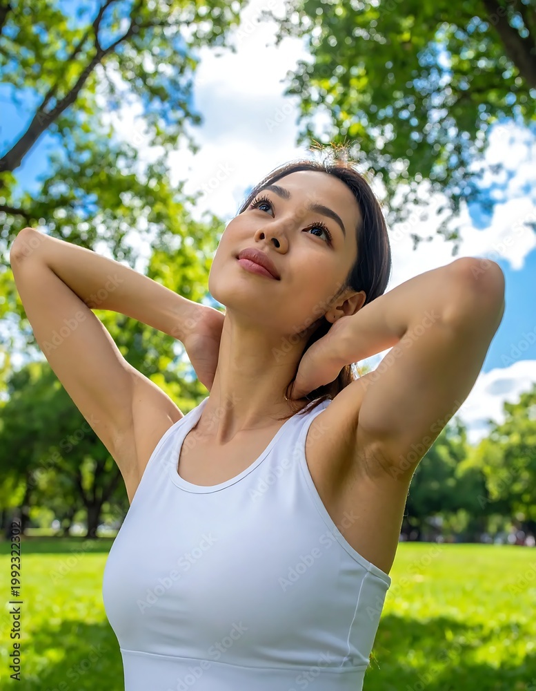 Fototapeta premium Young Asian Woman In White Sports Top Stretching With Hands Behind Head In Sunny Green Park Looking Up At Peacefully