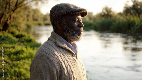A thoughtful senior man standing by a river at sunset. Elderly Black man contemplating in nature. Solitude and reflection during retirement