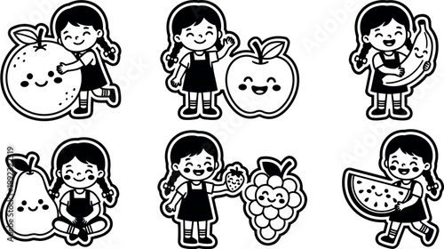 Black and white vector art happy girl with fruit characters and smiling faces