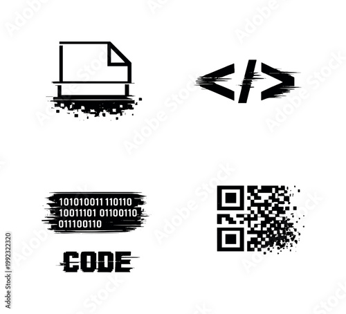 Digital file formats and encoding theme, a set of 4 glitch-distorted monochrome objects placed on a perfectly clean white background, each object carrying its own