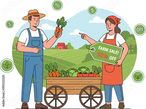 Farm sale vector illustration, farmer market discount sign, agricultural produce cart, discount offer