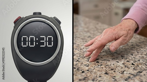 Senior Hand Reaching Countertop With Thirty Second Digital Timer