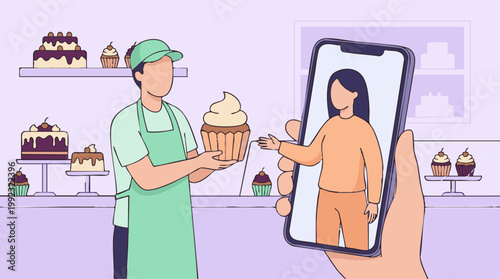 Online bakery order concept: Chef delivers cupcake to customer via mobile app
