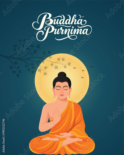 Buddha Purnima Poster With Meditating Buddha And Moon Halo Background