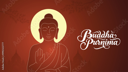 Buddha Purnima Banner With Line Art Buddha And Glowing Halo Background
