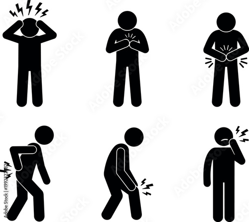 Black and white pain icons showing headache chest stomach back knee and toothache