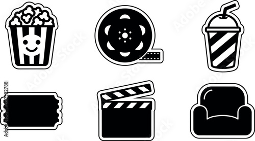 Black and white movie icons with popcorn ticket and soda cup vector art