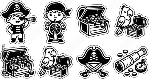 Black and white pirate characters with treasure chests parrot and telescope vector line art