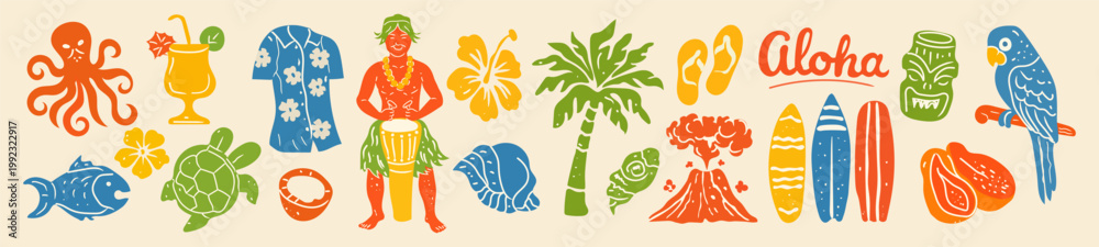 Naklejka premium Hawaii summer beach print with hand drawn tropical tiki mask illustration. Exotic island bar sticker set with palm tree silhouette and tribal totem elements. Paradise vacation icons