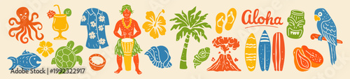 Hawaii summer beach print with hand drawn tropical tiki mask illustration. Exotic island bar sticker set with palm tree silhouette and tribal totem elements. Paradise vacation icons