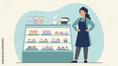 Female barista or baker in a cafe with pastries, cakes, and coffee display.