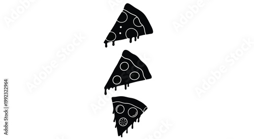 Three black pizza slices with dripping cheese a striking silhouette