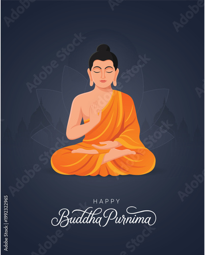 Buddha Purnima Poster With Meditating Buddha And Dark Blue Spiritual Background