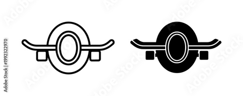 One-wheel electric skateboard icons, self-balancing electric unicycle vector set, black and white minimalist personal transport symbols for mobile apps