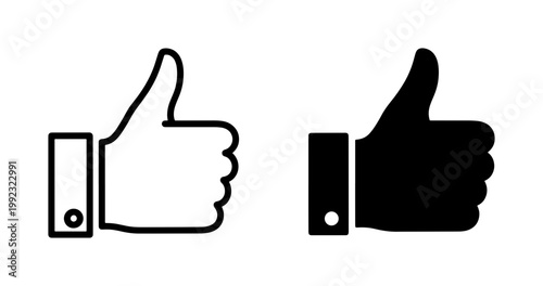 Thumbs up icon set with outline and solid black versions, hand gesture symbols for social media like and approval, minimalist vector design elements