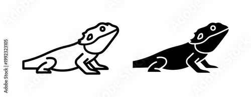 Bearded Dragon Lizard Line Art and Solid Silhouette Icons