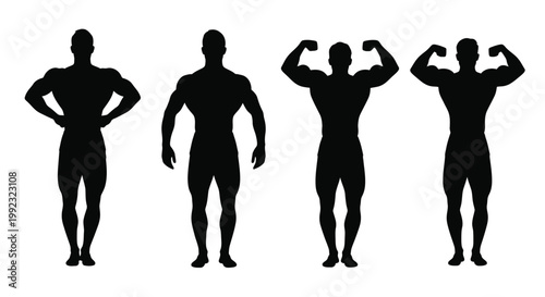 Four muscular men in various poses depicted as a silhouette