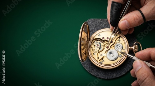Watchmaker repairing vintage golden pocket watch mechanism using precision tweezers. Skilled craftsman fixing antique mechanical timepiece. Handcraft horology maintenance and restoration.